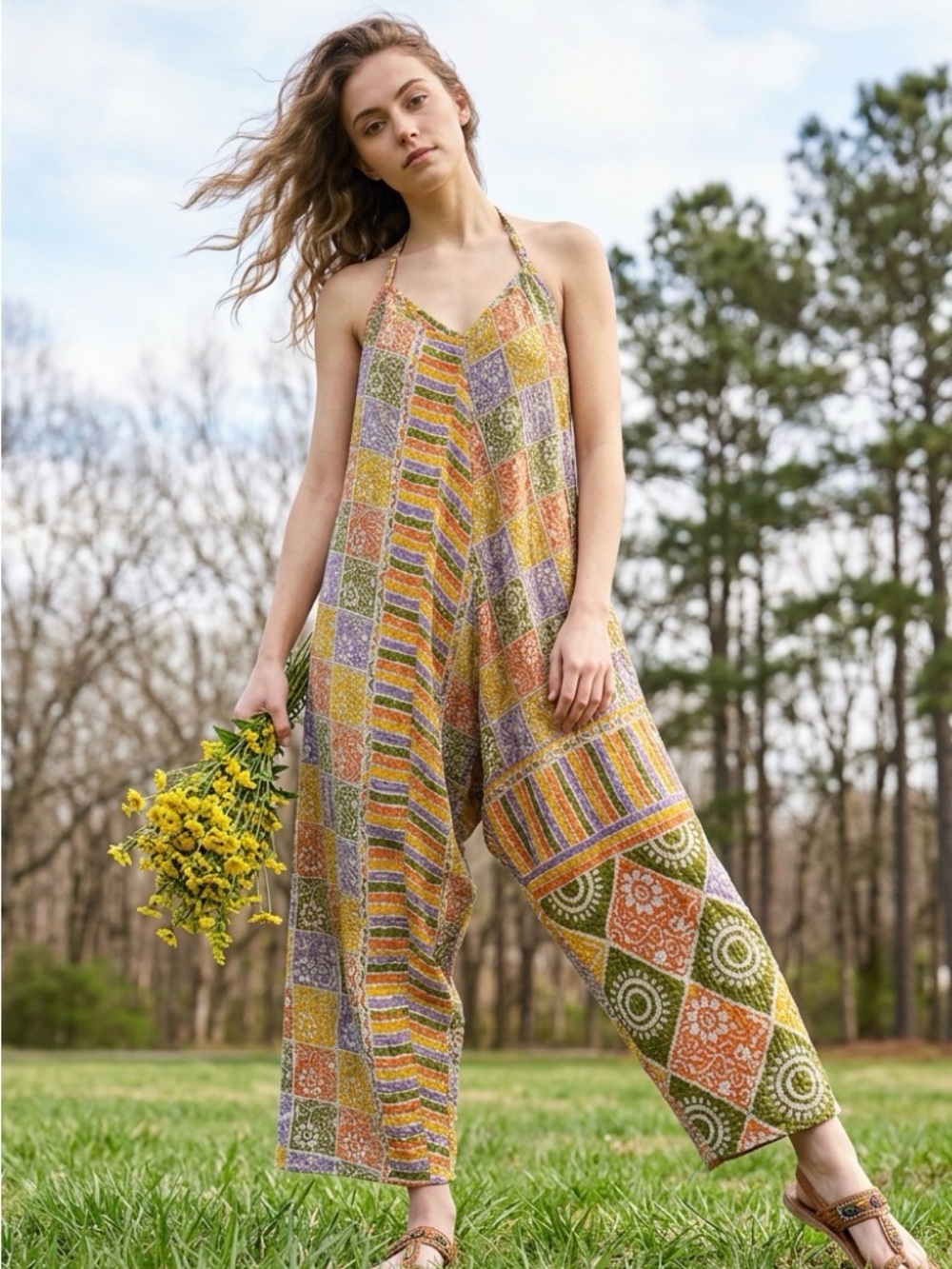 Boho Kantha Patchwork Multicolor Flowing Women's Jumpsuit Free Size Reversible